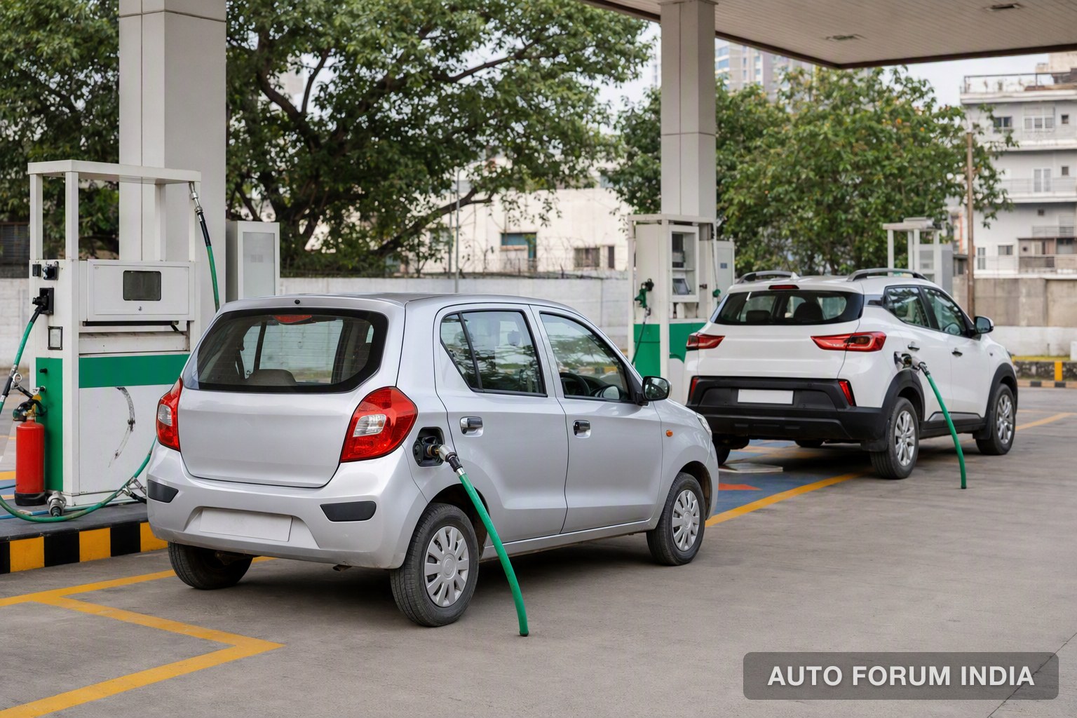 Cars refuelling at a CNG filling station in India